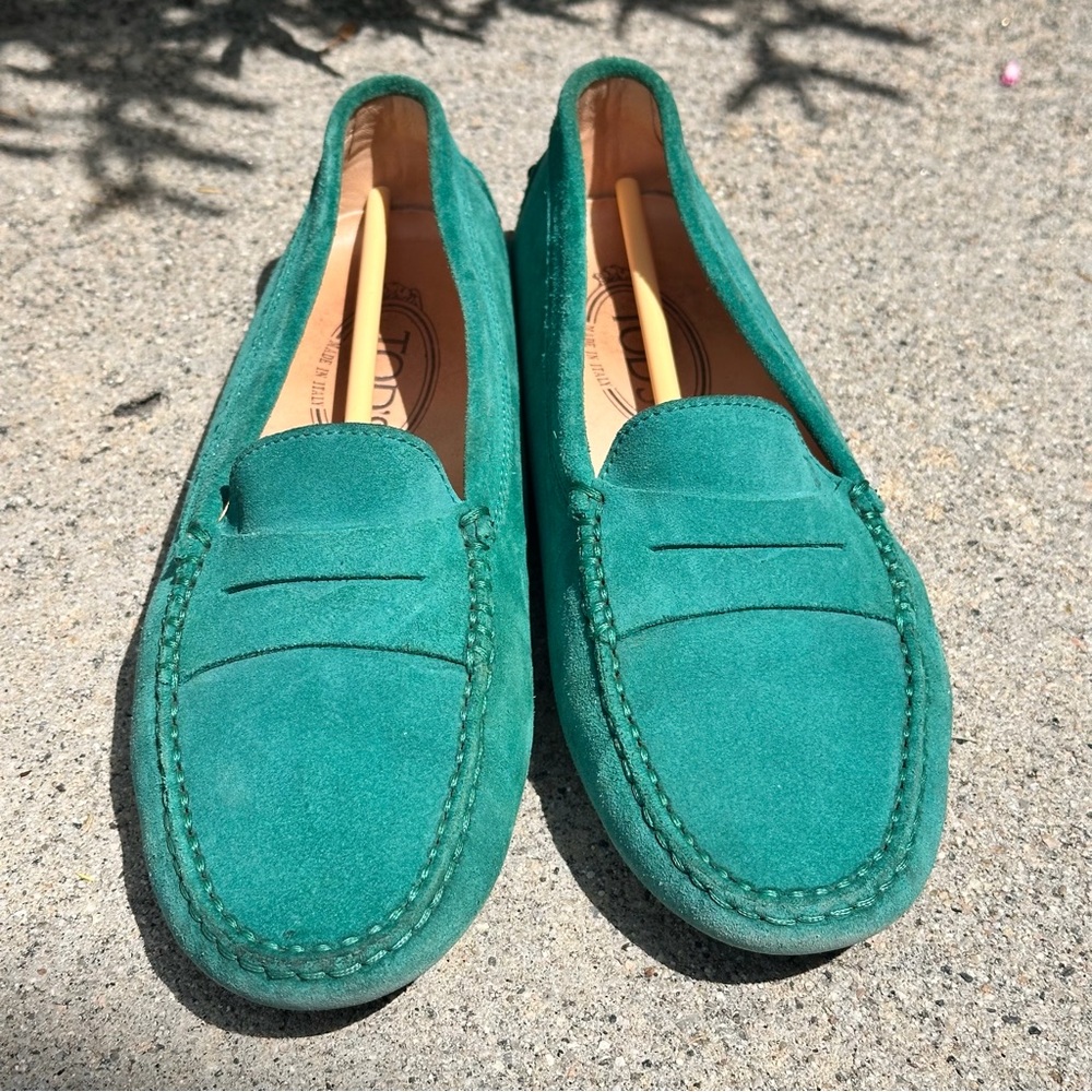 Tod's Green Suede Penny Loafers
